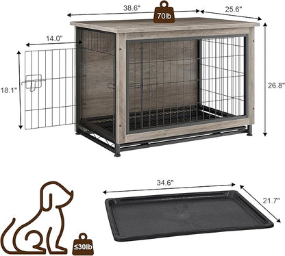 JY QAQA Dog Crate Furniture, Wooden Dogs Crate Table, Double-Doors Dog Furniture, Indoor Dog Kennel, Dog House, Dog Cage/Grey/L