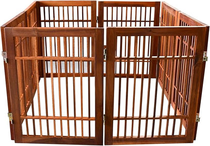Urnporium Freestanding Wooden Dog Gate Foldable Indoor Pet Gate No Drill Expandable Barrier for Doorways Stairs Hallways Portable Wood Fence for Small Dogs & Puppies (Brown Pet Gate, 8 Panel 24" Tall)
