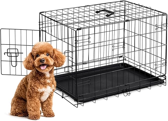 Sweetcrispy 30 Inch Single Door Dog Crate, Metal Pet Kennel with Secure Lock, Foldable Design, Removable Tray for Easy Cleaning, Portable Puppy Cage for Small Dogs, Ideal for Training & Travel