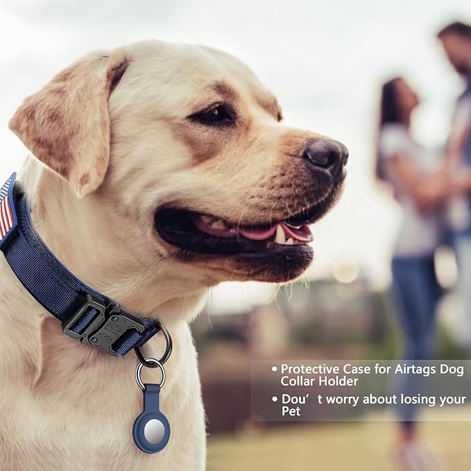DAGANXI Tactical Dog Collar, Adjustable Military Training Nylon Dog Collar with Control Handle and Heavy Metal Buckle for Medium and Large Dogs, with Patches and Airtags Case (Midnight Blue-Set, L)