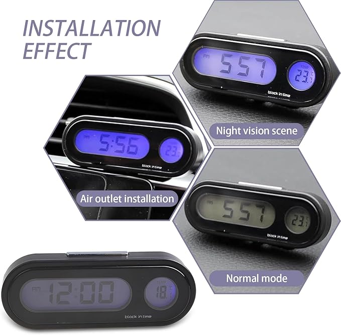Pack-1 Car Digital Clock, 2.9" x 1.1" x 0.7" LCD Luminous Large Screen Dashboard Vent Angle Adjustable Mini Clock, with Thermometer Function Adhesive Clock, Universal for Cars Home (Black)