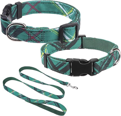 Dog Collar and Leash Set for Small Dogs, Adjustable Soft Puppy Collar with Quick Release Buckle, 5FT Heavy Duty Nylon Matching Leash for Boy Girl Chihuahua, Yorki, Bulldog, Green S