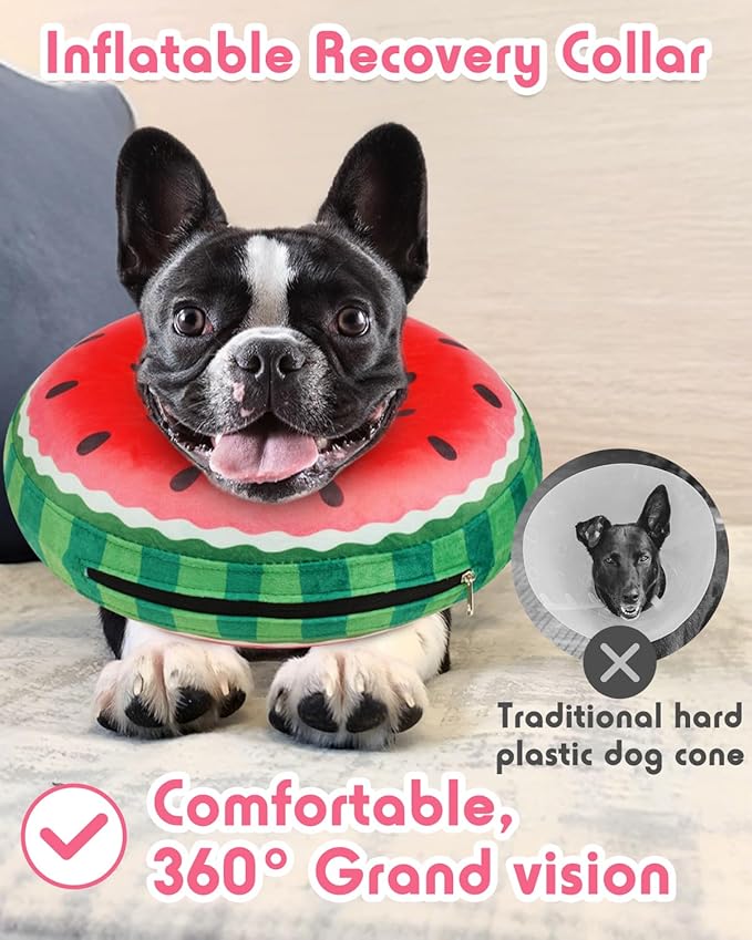 Inflatable Dog Pillow Cone Collar After Surgery, Donut Soft Neck Cone for Beagle French Bulldog Medium Plus Dogs, etc, Recovery E Collar to Stop Licking Watermelon