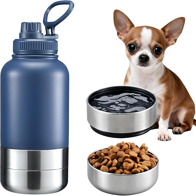 Cibaabo Insulated Dog Water Bottle with 2 Bowls, 32oz Travel Stainless Steel Double Wall Thermos, Portable Pet Dispenser, Gifts for Puppy Small Medium Dogs Walking Hiking and Camping