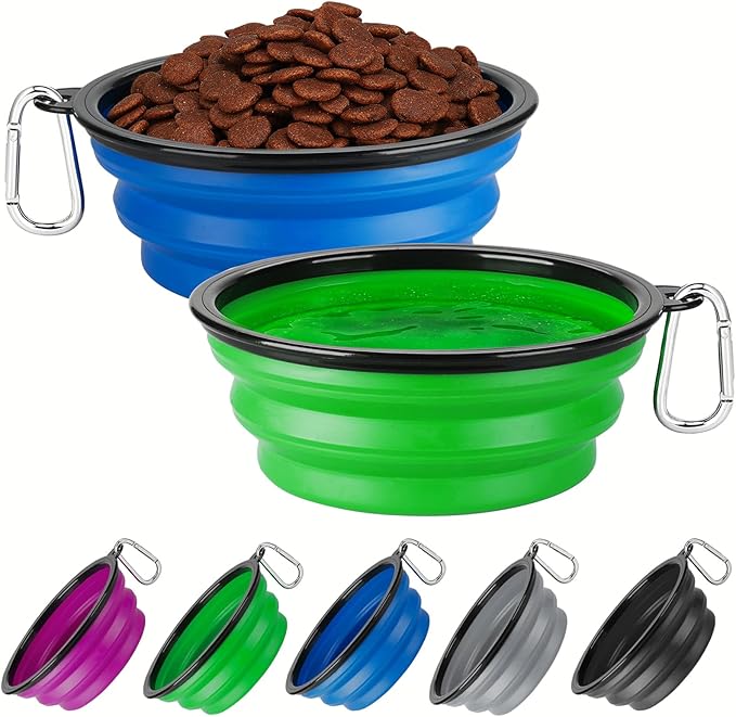 Collapsible Dog Bowl Large 2 Pack, Dog Water Bowls for Travels, Portable Foldable Pet Bowls Feeding Watering Dish for Parking Walking Camping with 2 Carabiners Clip (34oz, Large, Blue+Green