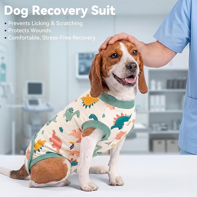 cyeollo Dog Surgery Recovery Suit, Soft Dog Onesie, E-Collar & Cone Alternative, Male Female Dog Spay Neuter Body Suits, Anti-Licking Wound Surgical Suit, Pet Clothes for Medium Dogs, Dinosaur L
