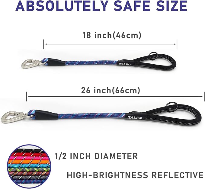 ZALER Short Dog Leash, 18 Inches Rope Traffic Leashes for Dogs, Reflective Dog Lead with O-Ring, Heavy Duty Pet Leash for Large and Medium Dogs (18" Dark Blue)