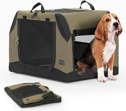 PETSFIT Dog Travel Crate, Collapsible Dog Crate- 30 Inch Sturdy Adjustable Structure, Easy to Set Up, Portable Soft Dog Kennel for Car, Light Tough with 3 Mesh Doors, Army Green