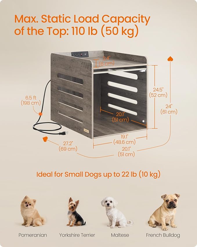 Feandrea Modern Dog Crate Furniture with Charging Station, Small Kennel Indoor with Flip-up Hidden Acrylic Door, for Small and Medium Dogs up to 22 lb, Pet Side End Table Cage, Heather Greige