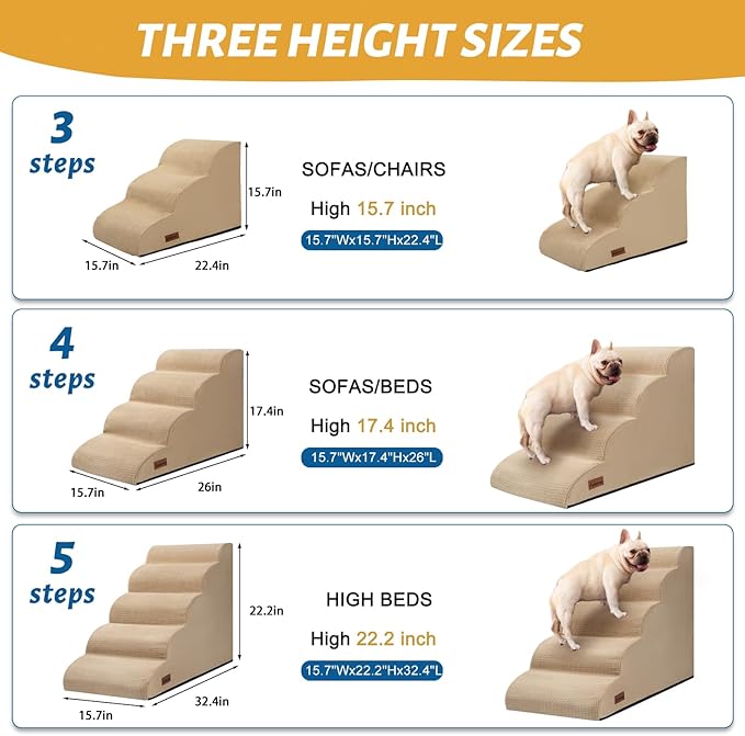 Aodisman 3-Step Dog Ramp and Stairs for Sofa and Chair - Non-Slip Sturdy Pet Steps for Small Dogs and Cats,15.7" H,Khaki