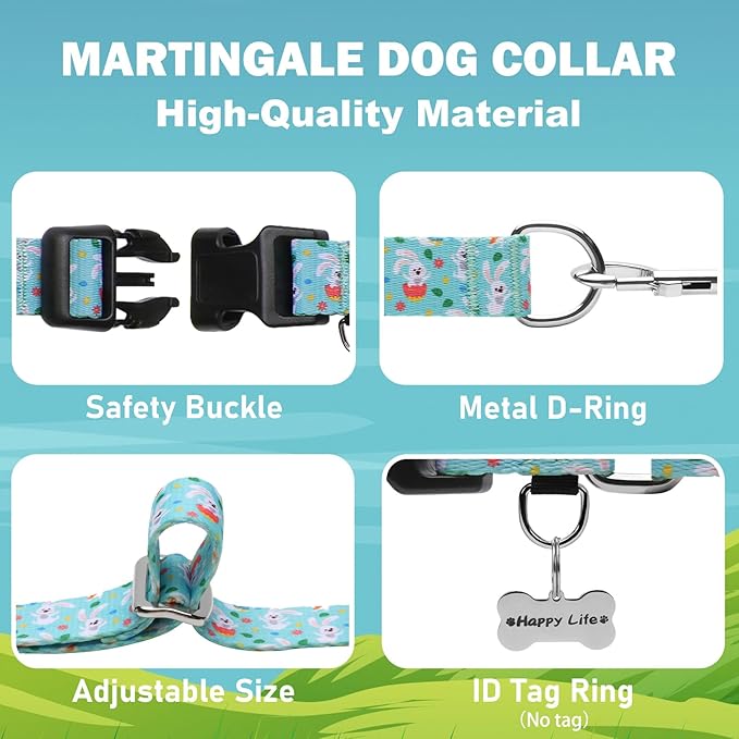 Easter Martingale Collar for Dogs with Buckle Bunny Dog Collar Adjustable Soft Nylon Girl Dog Collars for Medium Dogs, Green Rabbit