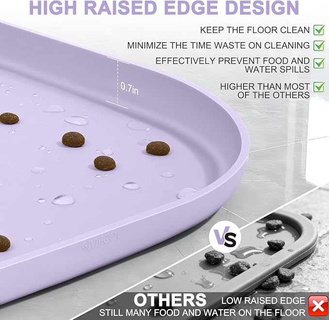 Smilool Silicone Pet Food Mat with Raised Edge for Food and Water Bowl, Dog Feeding Mats, Cat Food Trays for Floor Waterproof, Rubber Tray for Dogs and Cats, 19 x 12 x 0.7 Light Purple