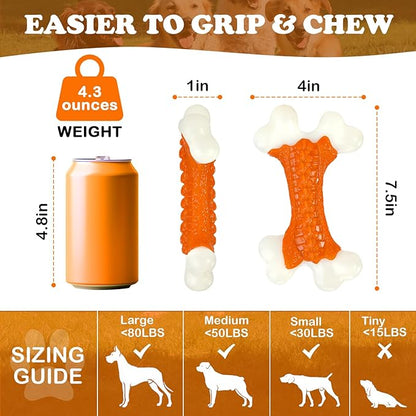 Kseroo 2-Pack Indestructible Dog Toys for Aggressive Chewers: Peanut Butter Flavored Hard Nylon Bone Chew Toys, Tough Dog Chew Toys, Dog Toys to Keep Them Busy for Medium Large Dogs, Orange