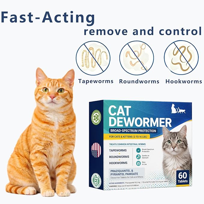 Broad Spectrum Cat Dewormer for Cats and Kittens, Praziquantel & Pyrantel Pamoate Tablet, Removal of Tapeworms, Hookworms & Roundworms & All Wormers Effective and Fast (60 Tablets)