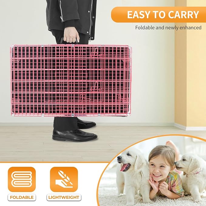PayLessHere 18 Inch Dog Crate Kennel for Small Dogs Metal Cage Single-Door Folding Travel Indoor Outdoor Puppy Playpen with Divider and Handle Plastic Tray,Pink