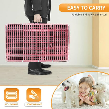PayLessHere 18 Inch Dog Crate Kennel for Small Dogs Metal Cage Single-Door Folding Travel Indoor Outdoor Puppy Playpen with Divider and Handle Plastic Tray,Pink