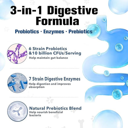 Probiotics for Dogs Supports Digestive Health, Natural Probiotic Supplement with Digestive Enzymes and Prebiotic, Probiotic Chews for Dogs Gut Health, Relieve Diarrhea, Itchy Skin, Enhance Immunity