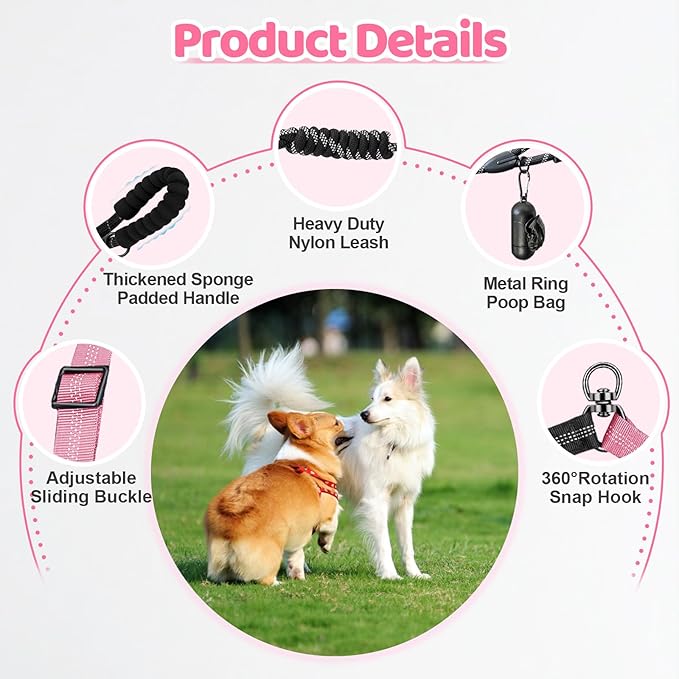 Double Dog Leash - 360°Swivel Tangle Free Splitter Attachment, 1 Rope with Handle, 2 Dogs Multi-Functional Leash, for Outdoor Walk Train Small Medium Large Two Pet, Pink