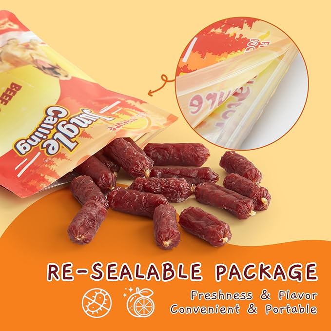 Jungle Calling Soft Beef Sausage Dog Treats, Grain-Free High Protein Tender Beef Jerky, Easy to Chew Training Treats for Small & Medium Dogs, 10.6 oz