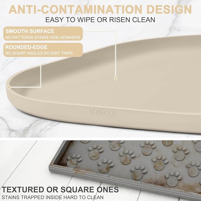 Smilool Small Silicone Pet Food Mat with Raised Edge for Food and Water Bowl, Square Dog Feeding Mats, Cat Food Trays for Floor Waterproof, Rubber Tray for Dogs and Cats, 12 x 12 x 0.7 Beige