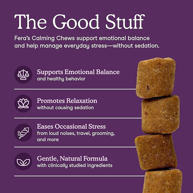 Fera Pets Dog Calming Chews - Helps Manage Everyday Stress & Separation - Promotes Relaxation - Ashwagandha & Priome® Mental Wellbeing Postbiotic Blend - 30 Soft Chews