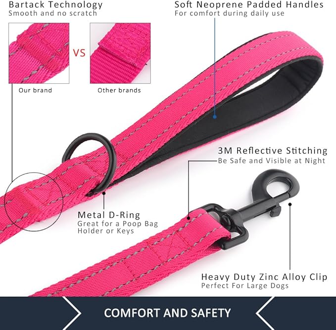 Plutus Pet Double Handle Dog Leash 5ft, Heavy Duty, Reflective Dual Handle Dog Leash for Safety Training, for Medium Large Dogs,2 Handle Leads(Pink)