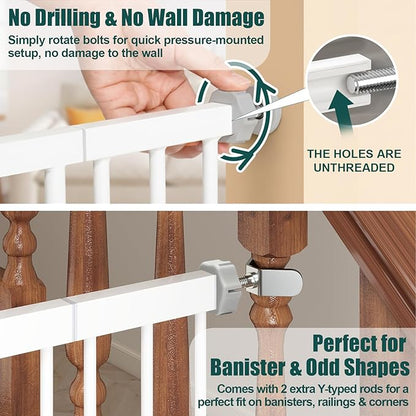 keny 29.7"-46" Baby Gate for Stairs, Auto Close Dog Gates for Doorways, Pressured Mounted No Drilling Pet Gate Extra Wide, Easy Walk Thru Stair Gate, 30" Tall, White