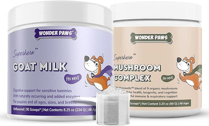 WONDER PAWS Goat Milk Powder Plus Mushroom Complex Powder - for Dog's Digestion, Immune Support, Vitality & Overall Wellness – Goat Milk 90 Scoops - Mushroom Complex 90 Scoops