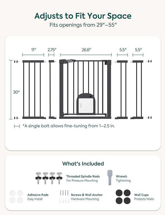 Babelio Baby Gate with Cat Door, CatPrivilege Ⅲ, Extra Wide 29-55" Cat Gate, 30" Tall Pressure Mounted Safety Gate for Large Openings, Stairs & Doorways, Auto Close, Black