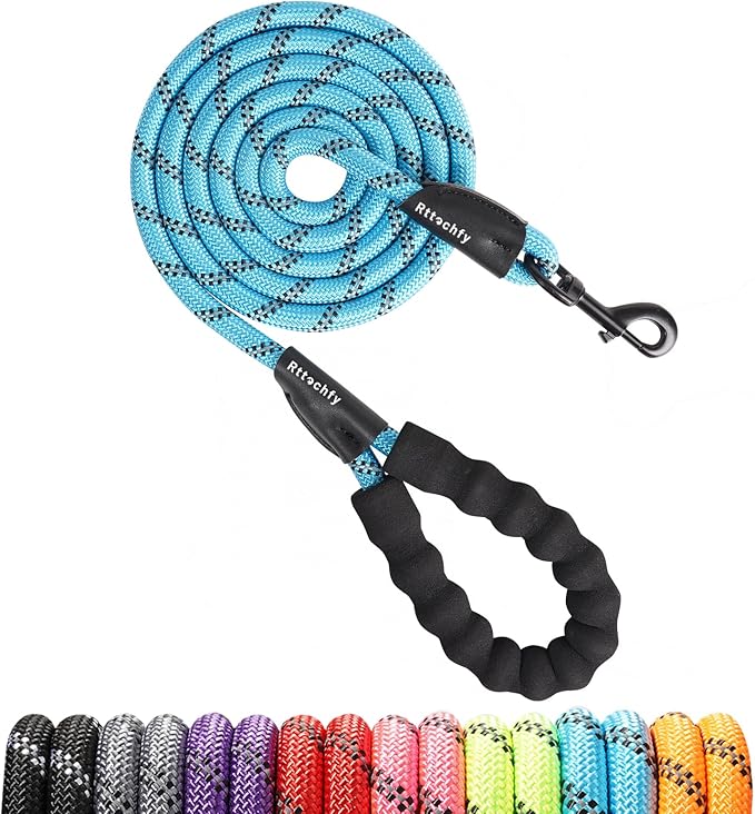 Rttochfy Rope Dog Leash 2/4/5/6/8/10 FT with Comfortable Padded Handle and Highly Reflective Threads for Small Medium and Large Dogs Heavy Duty (1/2"-10 FT, Blue)