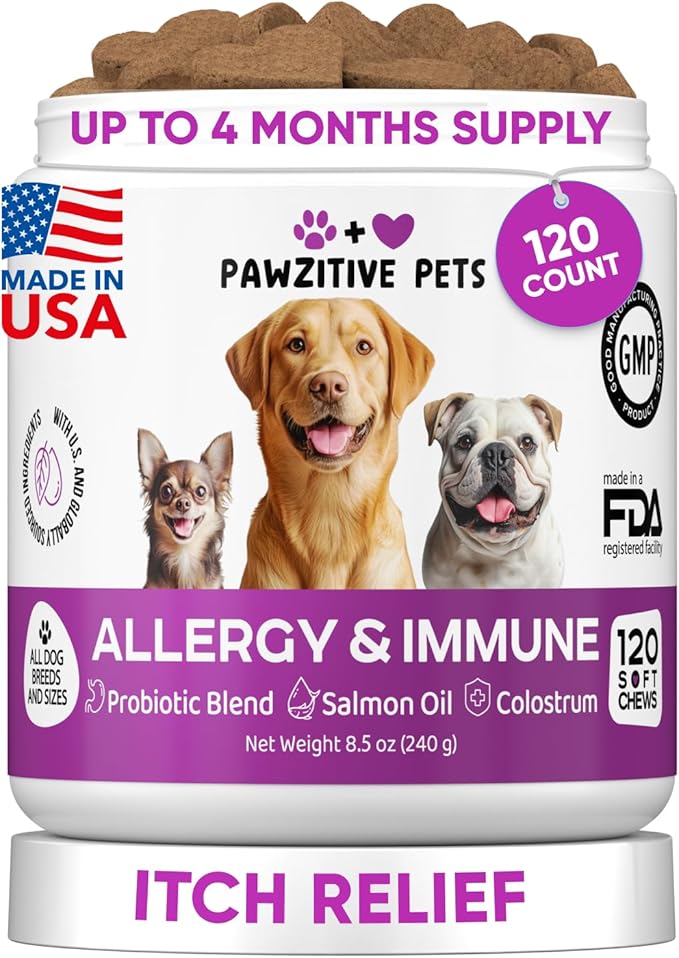 Dog Allergy Relief Chews for Itchy Skin - Seasonal and Food Allergy Chews for Shedding, Licking Paws, Hot Spot, Ears - USA Product - Omega 3 Fish Oil Skin & Coat Supplement - Anti Itch Immune Treats