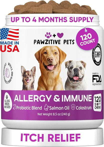 Dog Allergy Relief Chews for Itchy Skin - Seasonal and Food Allergy Chews for Shedding, Licking Paws, Hot Spot, Ears - USA Product - Omega 3 Fish Oil Skin & Coat Supplement - Anti Itch Immune Treats