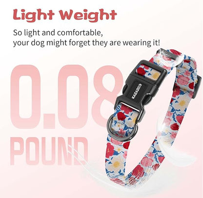 Kazazoo Dog Collar Cute and Soft Nylon Puppy Collar Girl, Adjustable Dog Collars for Medium Large Dogs, Blue and Pink Flowers-L