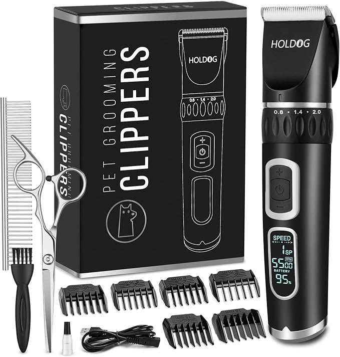 HOLDOG Dog Clippers Professional Heavy Duty Dog Grooming Clipper 3-Speed Low Noise High Power Rechargeable Cordless Pet Grooming Tools for Small & Large Dogs Cats Pets with Thick & Heavy Coats
