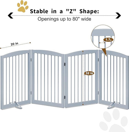 PUPETPO Freestanding Pet Gate for Dogs, Indoor Wooden Dog Gate for House, Foldable Dog Gate for Doorway, Stair, Gates for Dogs Indoor, 80 Inch Wide, 4 Panels 32", Grey