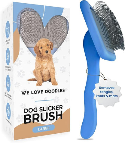 Slicker Brush for Dogs, Dog Grooming Supplies - Best Doodle & Poodle Brush for Haired Dogs - Goldendoodle Pin Detangler for Dematting (Large Curved)