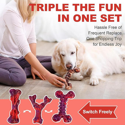 Kseroo Indestructible Dog Toys for Aggressive Chewers 3-Pack: Beef Flavored Dog Chew Toys, Tough Dog Toys for Medium & Large Dogs (20-90lbs), Hard Heavy Duty Nylon Dog Bone Toys to Keep Them Busy, Red