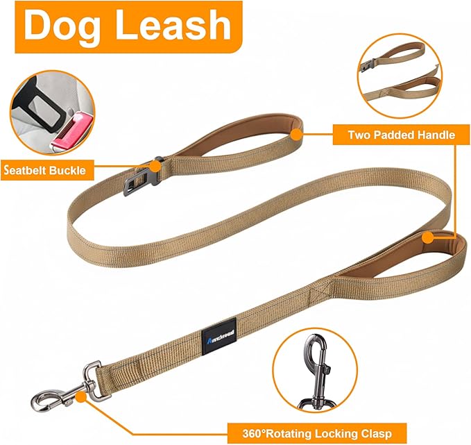 Annchwool No Pull Dog Harness,Heavy Duty Reflective Collar & Leash Set-Leash with Double Handle & Car Seatbelt Clip-Easy Control for Walking Training Medium Large Size Dogs(Brown,M)