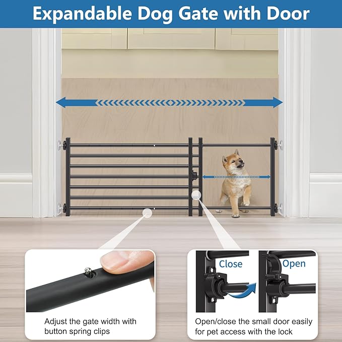 Malier Indoor Dog Gate with Door, 26-41" Extra Wide Full Metal Pet Gate Short Dog Gate for Stairs, Pressure Mount 14'' Tall Small Puppy Low Gate Easy Step Over for Doorways
