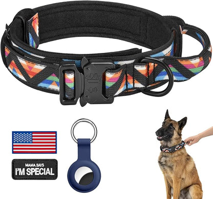 DAGANXI Tactical Dog Collar, Adjustable Military Training Nylon Dog Collar with Control Handle and Heavy Metal Buckle for Medium and Large Dogs, with Patches and Airtags Case (XL, Colorful Triangle)