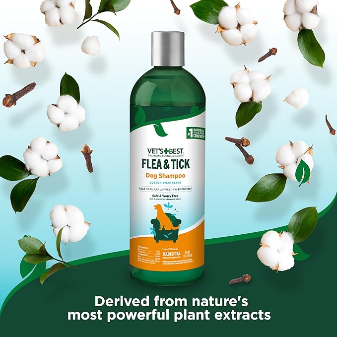 Vet's Best Natural Flea & Tick Dog Shampoo – Plant-Based Formula with Cotton Spice Scent – Natural Dog Shampoo with Essential Oils for Flea and Tick Support – Made in USA – 12 oz Bottle