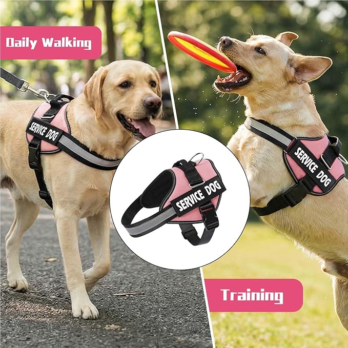 MUMUPET Service Dog Harness, No Pull Reflective Adjustable with Handle, Soft Breathable Padding for Medium Dogs, 2 Removable Velcro Patches (Pink, M)