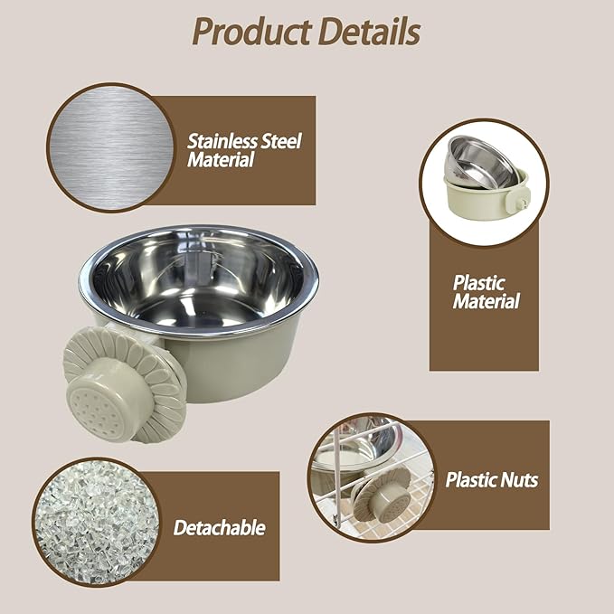 kathson Lightweight Stainless Steel Pet Bowls, Removable Crate Dog Bowl Hanging Pet Food Water Feeder Bowl, Cage Coop Cup for Puppy Cat Rabbit Ferret Birds Guinea Pigs (2pcs)