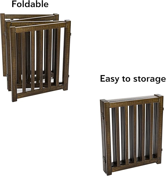 LZRS 4-Panel Wooden Free Standing Foldable Dog Gate Indoor – 24" High, Extra Wide Step-Over Safety Pet Gate for Doorways, Stairs, Hallways, Large Spaces & Playpen for Puppies Indoor Use, Walnut