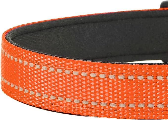 Reflective Dog Collar, Adjustable Soft Neoprene Padded Nylon Pet Collars with Buckle for Large Dogs, Orange,L