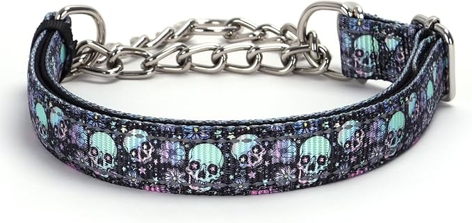 Reflective Martingale Collar for Dogs with Steel Chain, Adjustable No Pull Dog Training with Soft Padded for Large Breed Dogs, Medium, XL, XXL Walking Collar Skull M