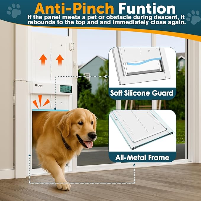 Automatic Sliding Glass Dog Door with Collar Sensor，X-Large Electric Doggy Door for Sliding Glass Doors, Adjustable 76" to 80-11/16" Slider Height, Anti-Pinch, Fits XLarge Dogs Up to 220 Lbs (XL)