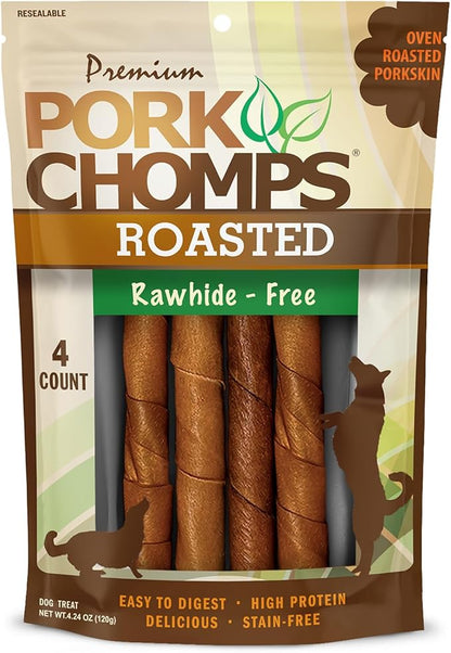 Pork Chomps Roasted Pork Skin Dog Chews, 6 Inch Twists, 4 Count - Long-Lasting Treats for Dogs - High Protein, Rawhide-Free, Low Fat, Healthy & Delicious Chews