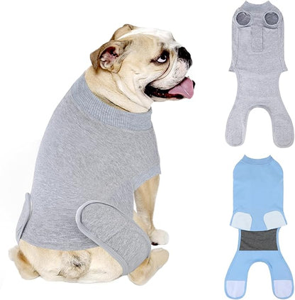 2 Packs Breathable Cotton Dog Recovery Suit for After Neuter Spay Abdominal Wounds Protector, Professional Anti-Licking Onesies for Male Female Pets Surgery Bandages, L Grey Blue Pure