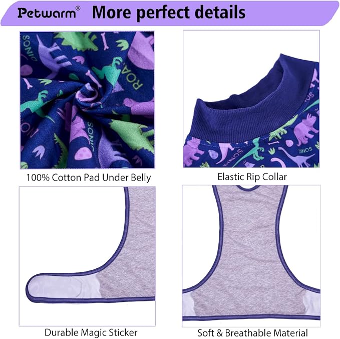 PetWarm Surgery Recovery Suit Female Spay, Onesies for Dogs, Dog Cone Alternative After Surgery Substitute E-Collar and Cone Prevent Dog Onesies Pet Recovery Suit, Dinosaur Pattern, Blue Purple, XS